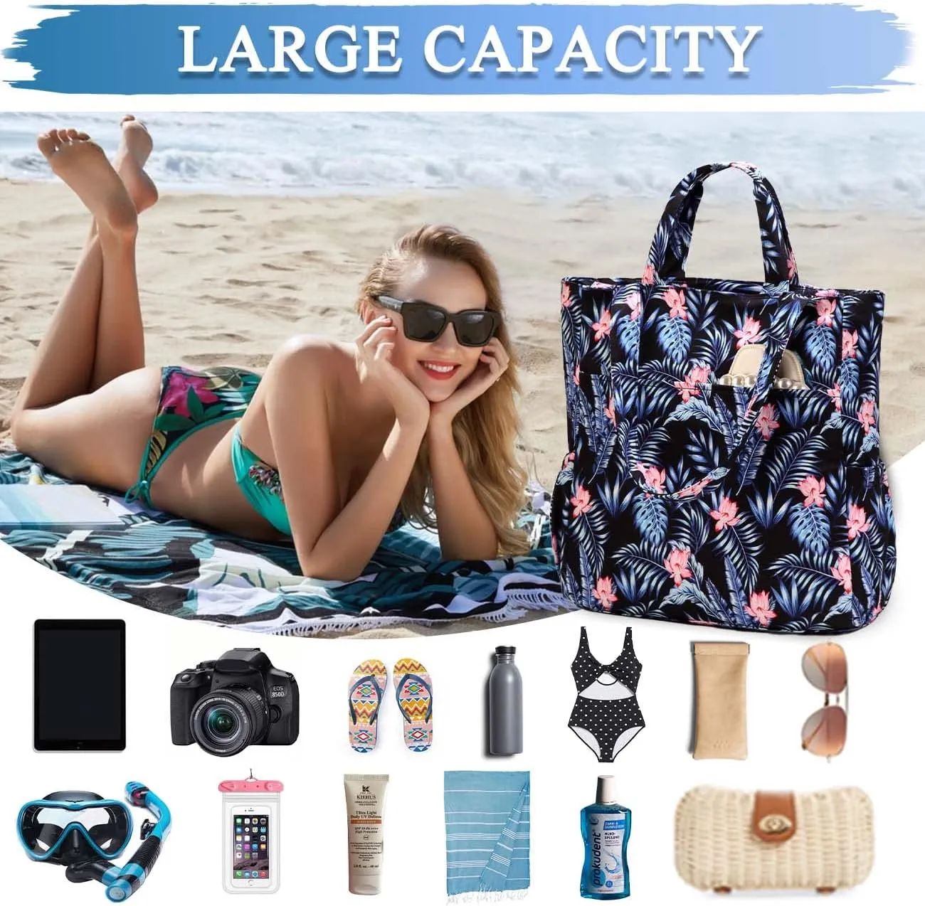 VASCHY Beach Tote Bag for Women, Lightweight Water Resistant Fold-able Large Pool Tote Bag w Zipper for Vocation