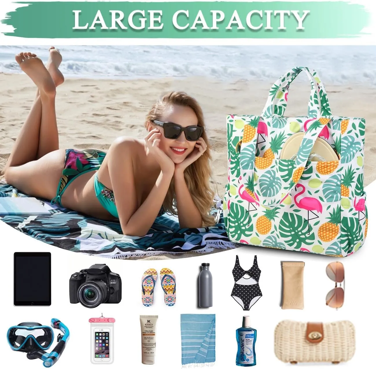 VASCHY Beach Tote Bag for Women, Lightweight Water Resistant Fold-able Large Pool Tote Bag w Zipper for Vocation