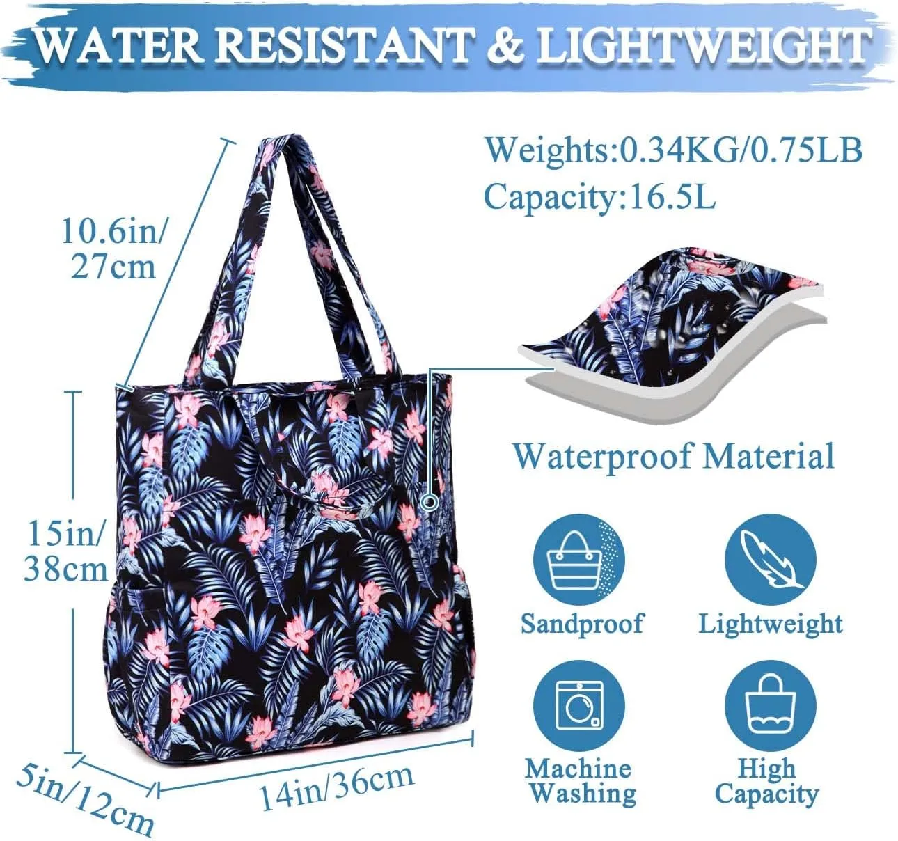 VASCHY Beach Tote Bag for Women, Lightweight Water Resistant Fold-able Large Pool Tote Bag w Zipper for Vocation