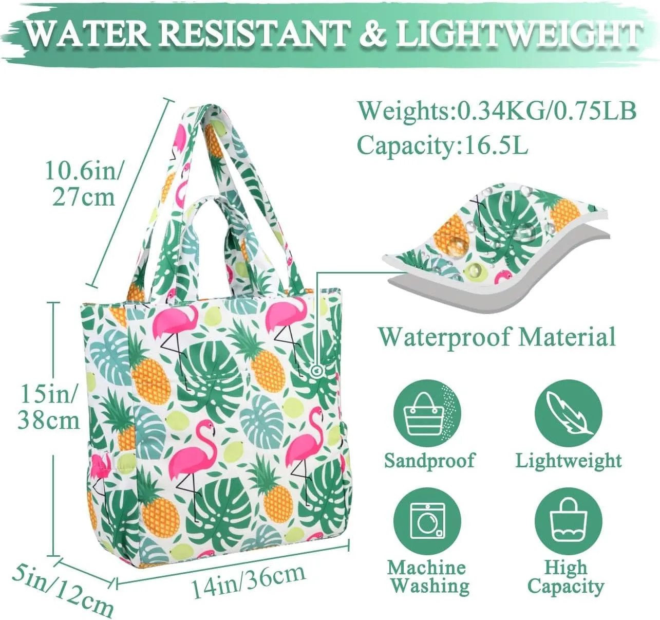 VASCHY Beach Tote Bag for Women, Lightweight Water Resistant Fold-able Large Pool Tote Bag w Zipper for Vocation