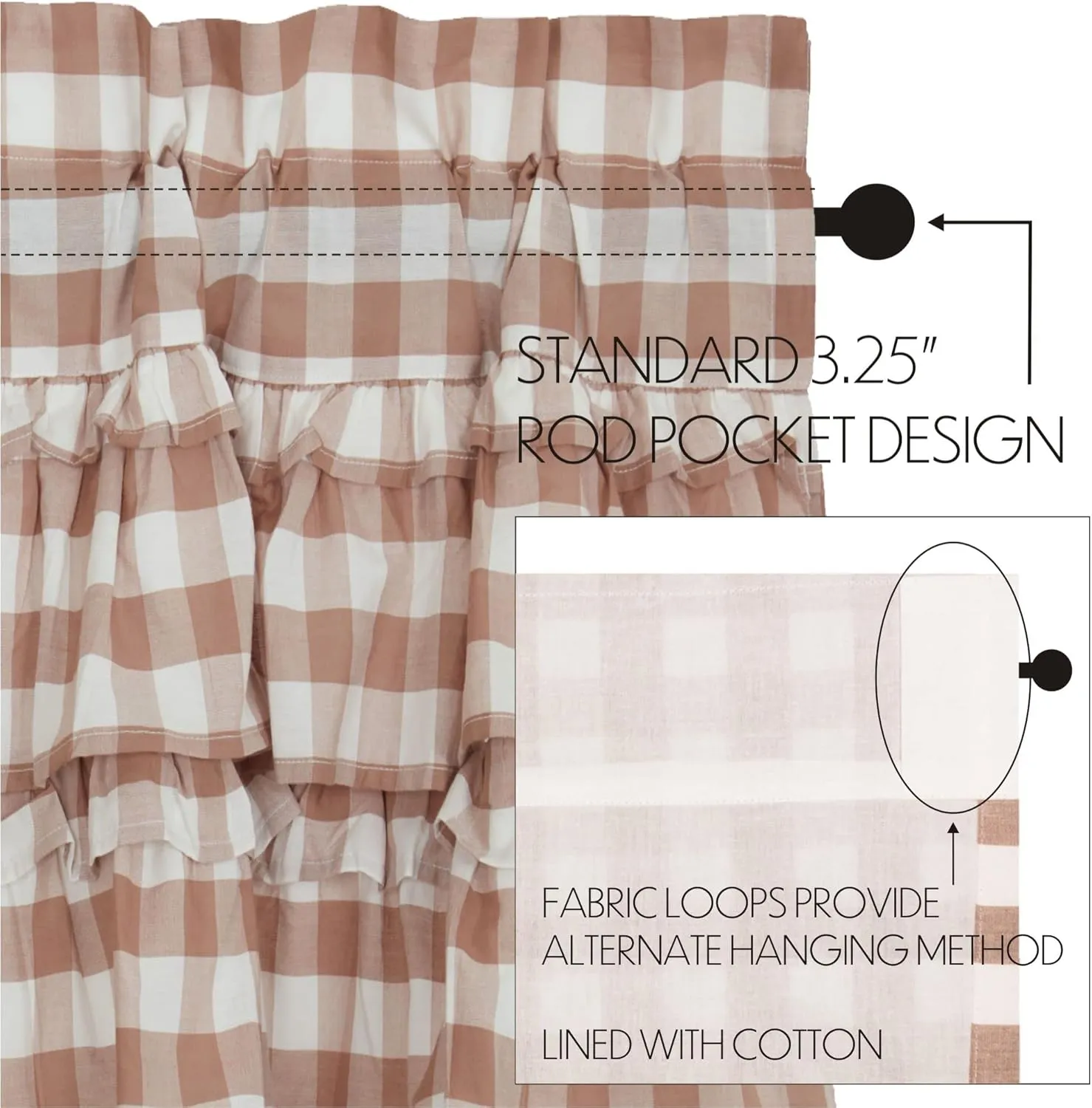VHC Brands Annie Buffalo Portabella Check Farmhouse Ruffled Prairie Short Panel Curtain Set 63x36x18