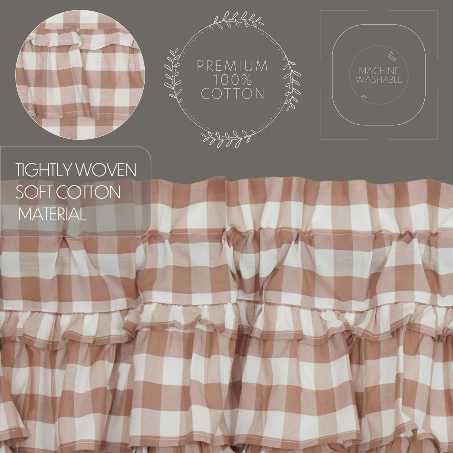 VHC Brands Annie Buffalo Portabella Check Farmhouse Ruffled Prairie Short Panel Curtain Set 63x36x18