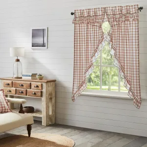 VHC Brands Annie Buffalo Portabella Check Farmhouse Ruffled Prairie Short Panel Curtain Set 63x36x18
