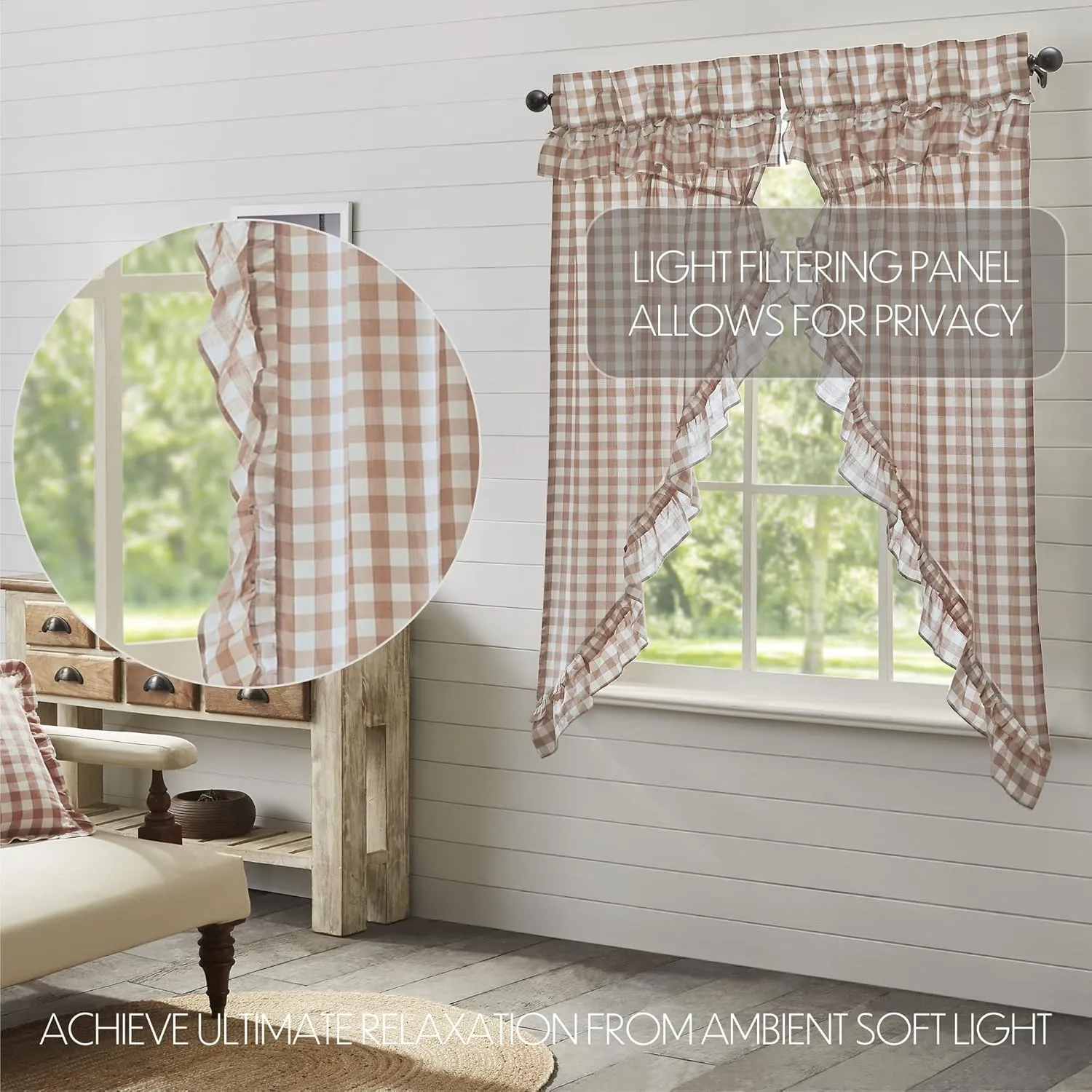 VHC Brands Annie Buffalo Portabella Check Farmhouse Ruffled Prairie Short Panel Curtain Set 63x36x18