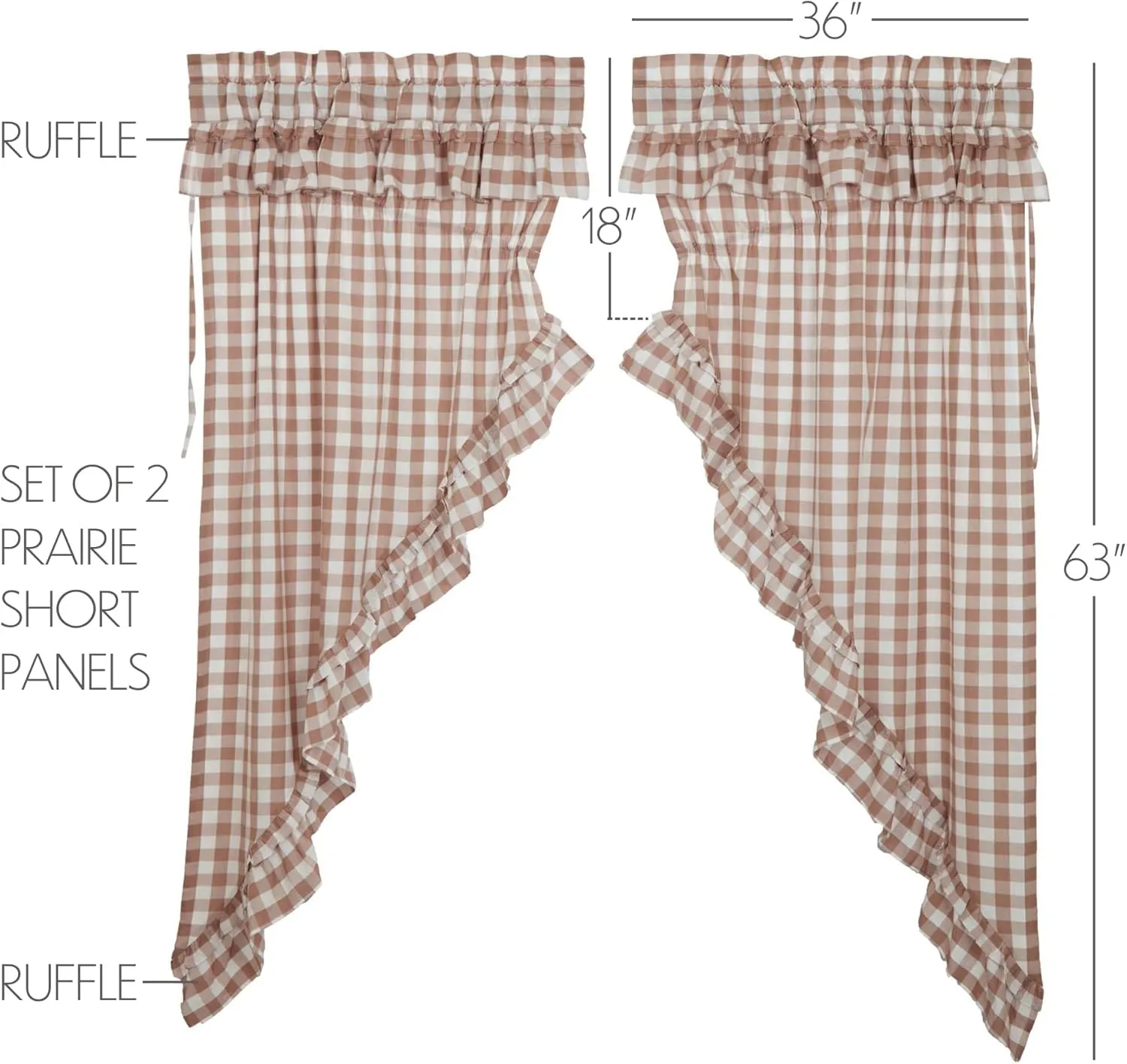 VHC Brands Annie Buffalo Portabella Check Farmhouse Ruffled Prairie Short Panel Curtain Set 63x36x18