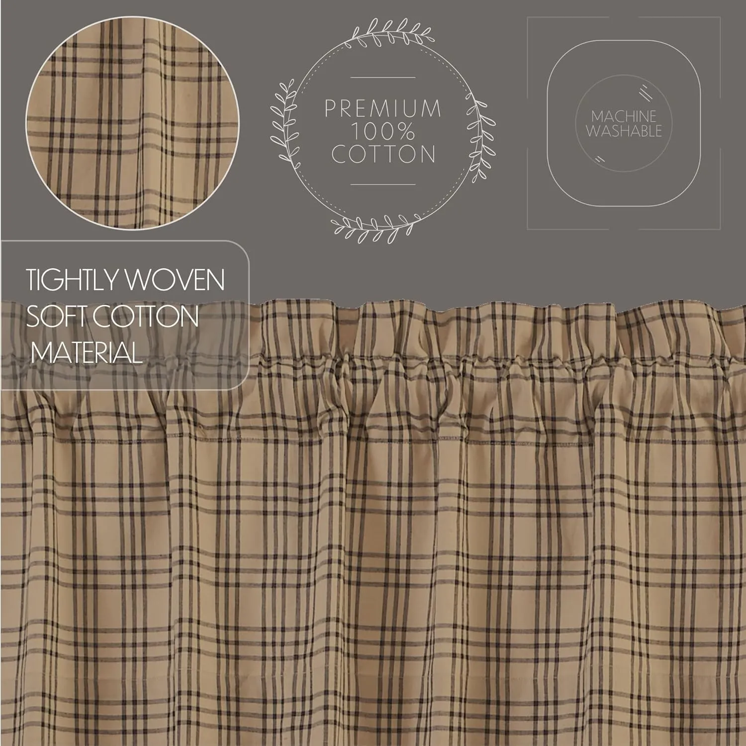 VHC Brands Farmhouse Window Curtains-Sawyer Mill Tan Prairie Panel Pair, One Size, Charcoal Black