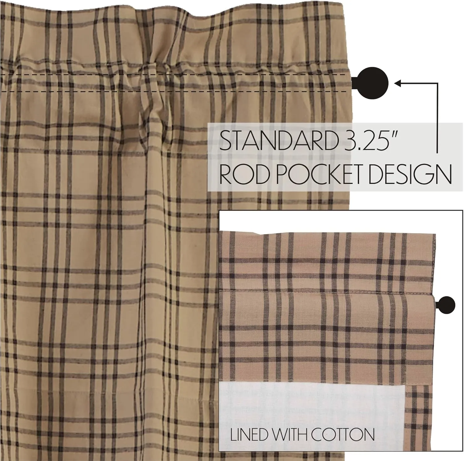VHC Brands Farmhouse Window Curtains-Sawyer Mill Tan Prairie Panel Pair, One Size, Charcoal Black