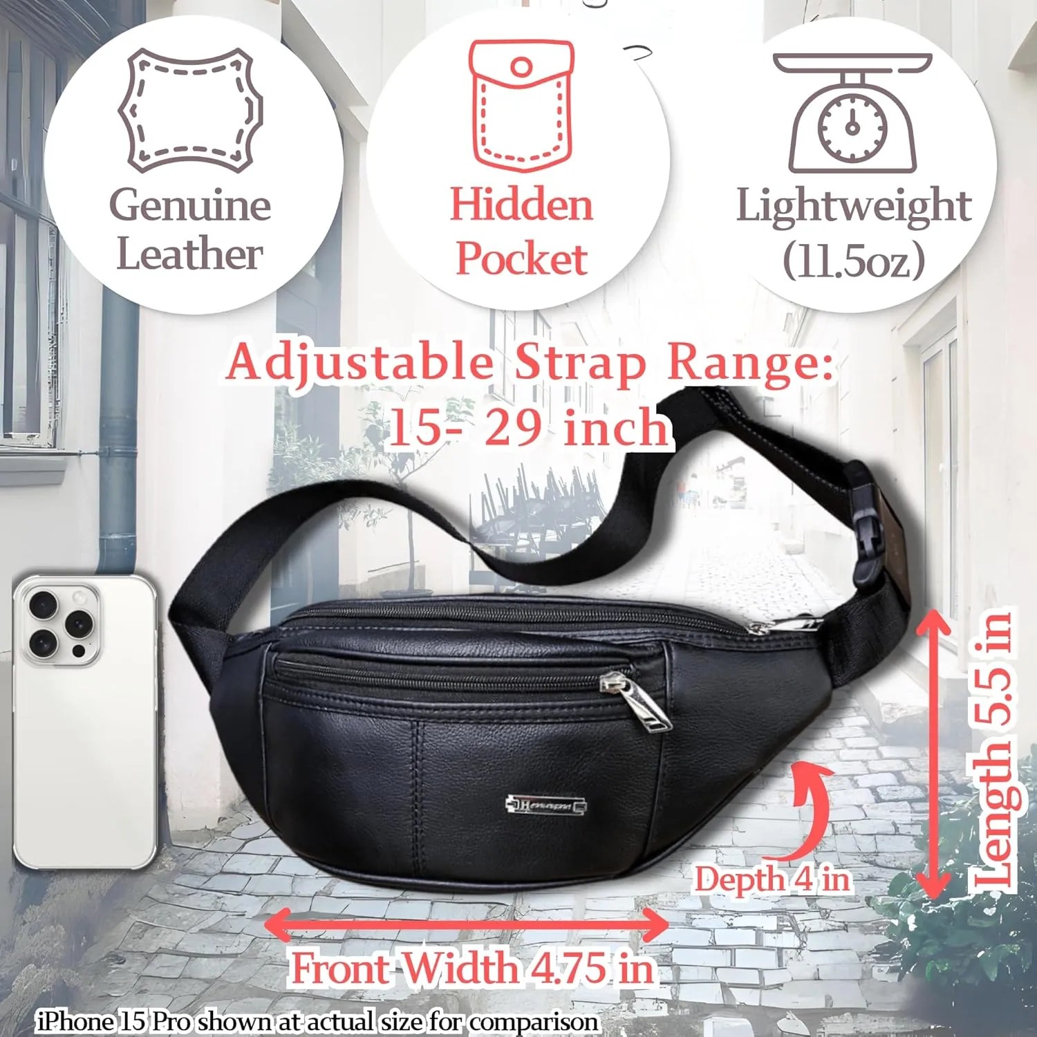 Vintage Genuine Leather Fanny Pack with Key Ring – Spacious Crossbody Sling Bag for Men and Women, Ideal for everyday carry and Travel (Black)