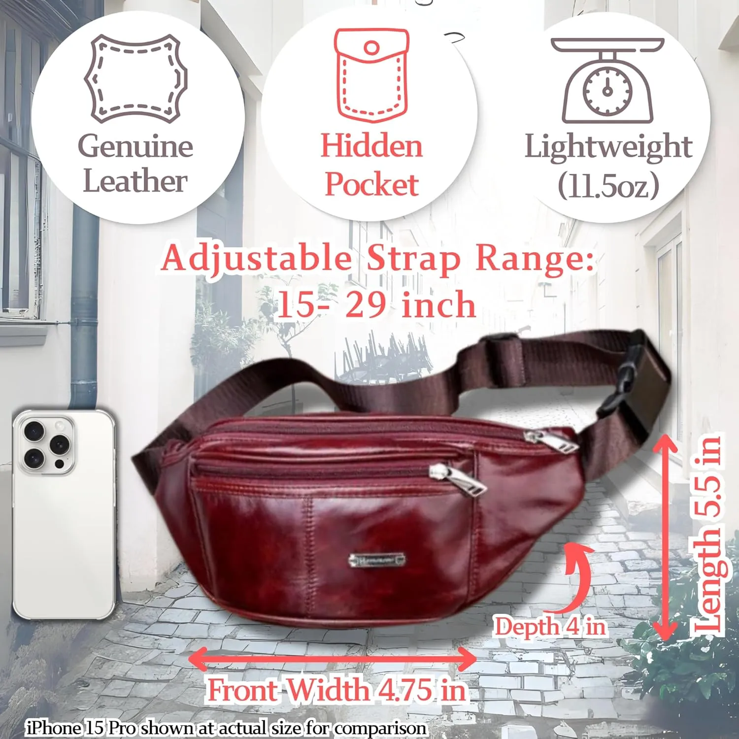 Vintage Genuine Leather Fanny Pack with Key Ring – Spacious Crossbody Sling Bag for Men and Women, Ideal for everyday carry and Travel (Oxblood)