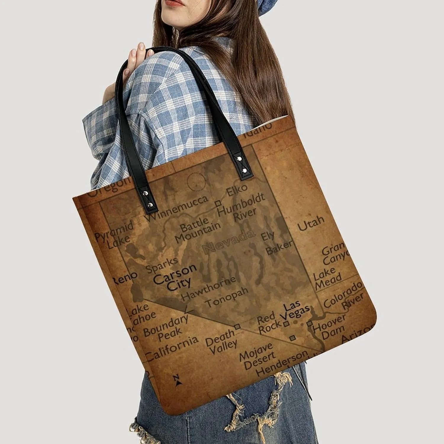 Vintage Maps of New Jersey Leather Handbags Shoping Bag Women Large Capacity Beach Bag