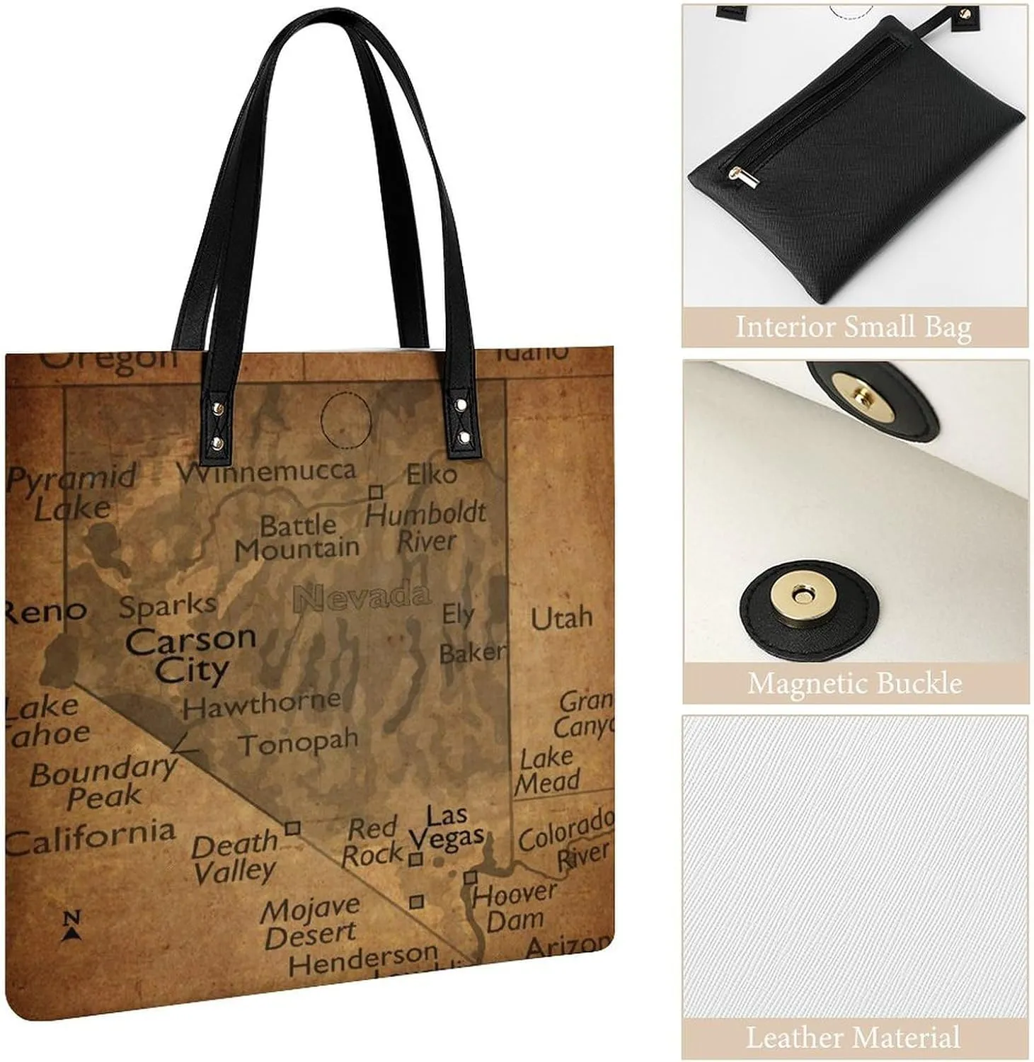 Vintage Maps of New Jersey Leather Handbags Shoping Bag Women Large Capacity Beach Bag