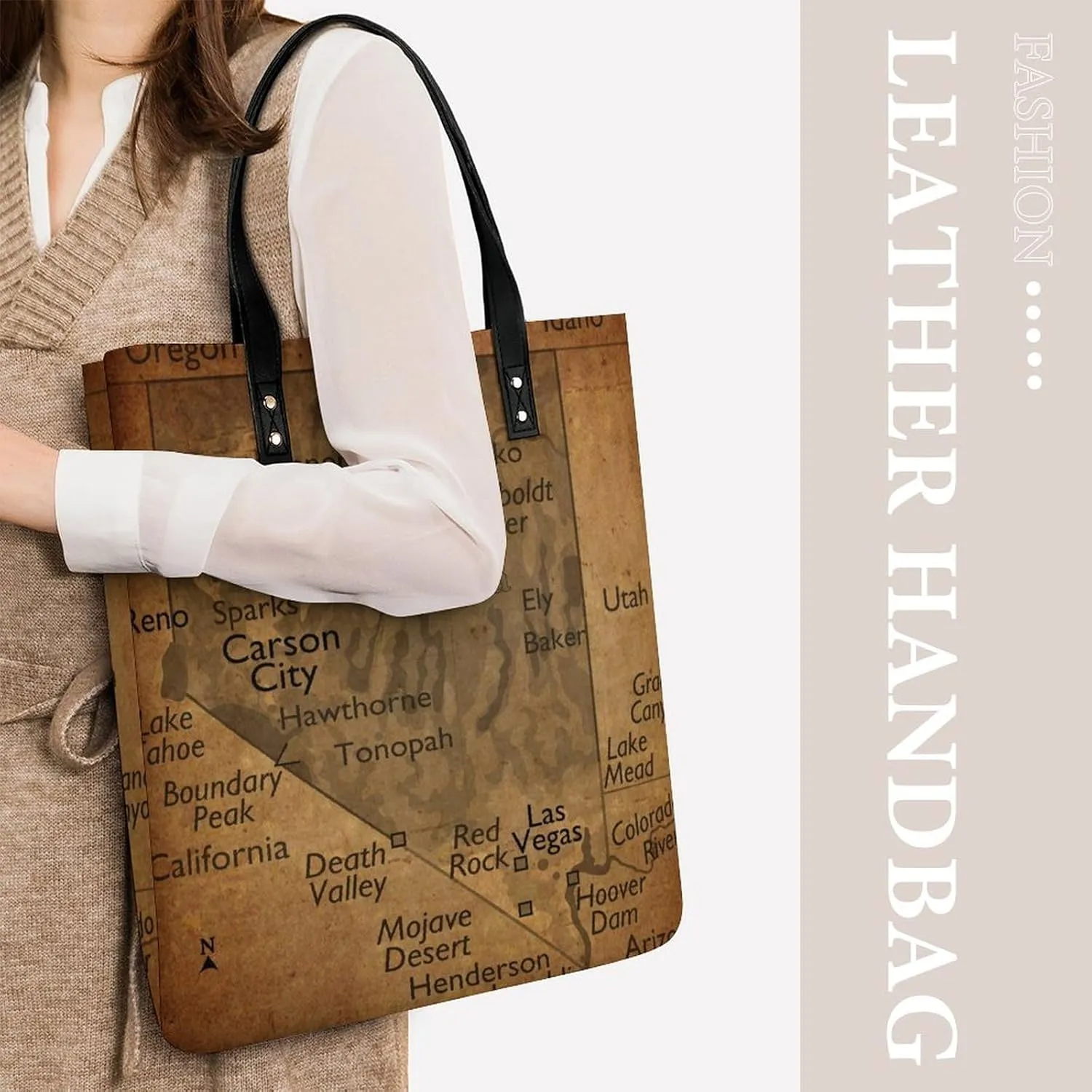 Vintage Maps of New Jersey Leather Handbags Shoping Bag Women Large Capacity Beach Bag
