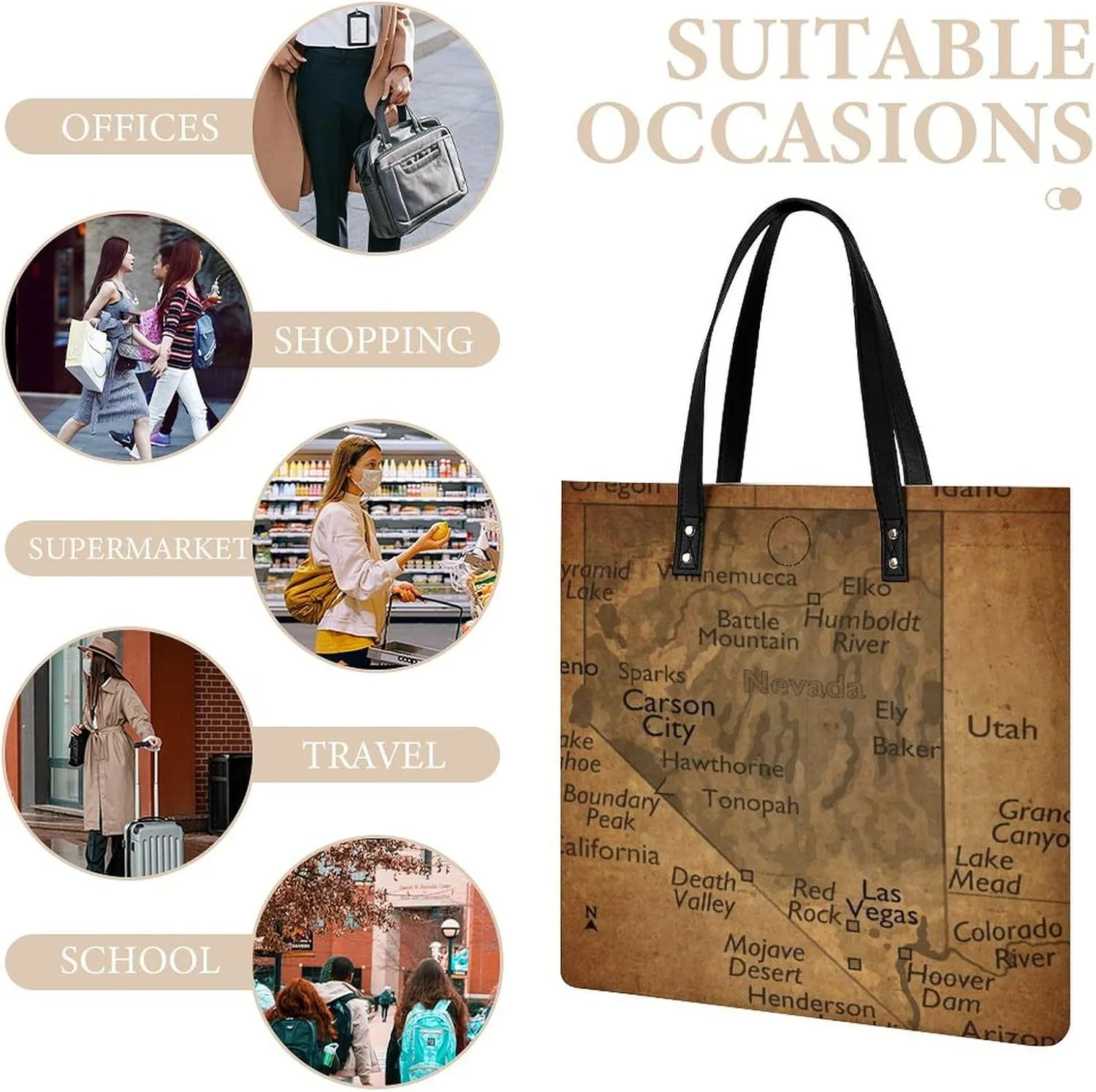 Vintage Maps of New Jersey Leather Handbags Shoping Bag Women Large Capacity Beach Bag