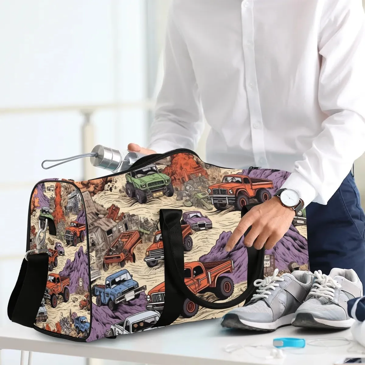 Vintage Race Cars Travel Duffel Bag for Women Men Waterproof Foldable Overnight Weekender Bag Large Capacity Sports Gym Bag