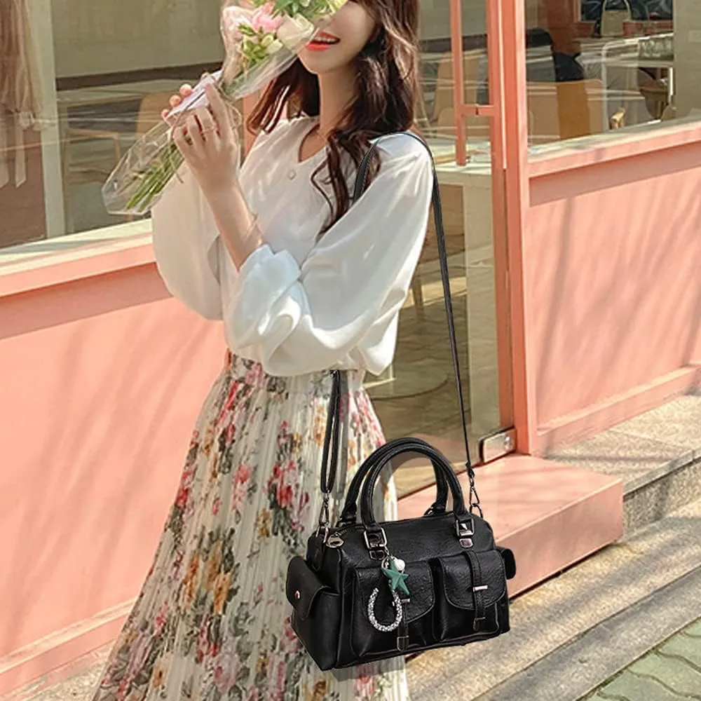 Vintage Satchel Handbags Women Medium Purse with Top Handle Vegan Leather Crossbody Shoulder Bag Multiple Pockets