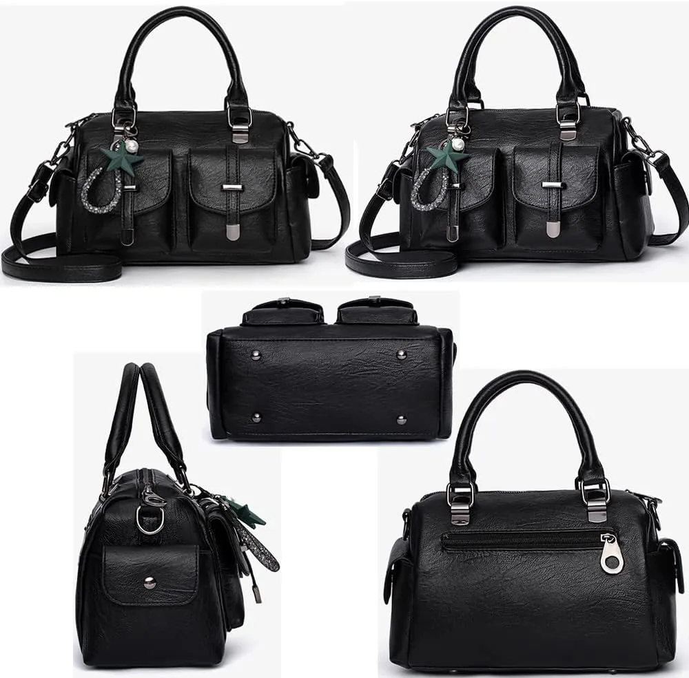 Vintage Satchel Handbags Women Medium Purse with Top Handle Vegan Leather Crossbody Shoulder Bag Multiple Pockets