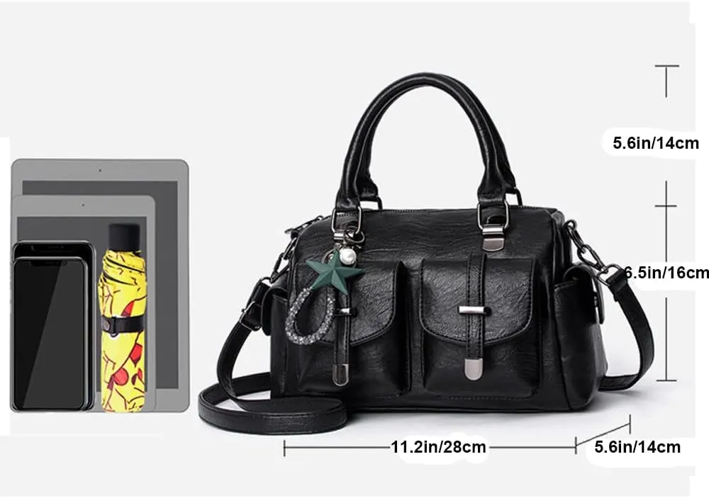 Vintage Satchel Handbags Women Medium Purse with Top Handle Vegan Leather Crossbody Shoulder Bag Multiple Pockets