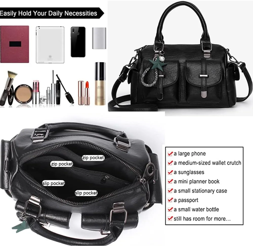 Vintage Satchel Handbags Women Medium Purse with Top Handle Vegan Leather Crossbody Shoulder Bag Multiple Pockets