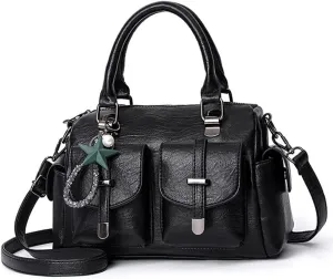 Vintage Satchel Handbags Women Medium Purse with Top Handle Vegan Leather Crossbody Shoulder Bag Multiple Pockets