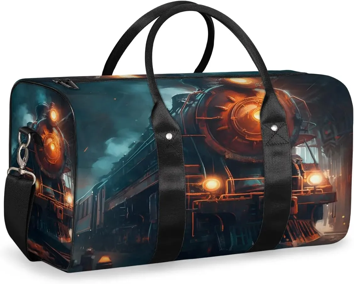 Vintage Steam Trains Travel Duffel Bag for Women Men Waterproof Foldable Overnight Weekender Bag Large Capacity Sports Gym Bag