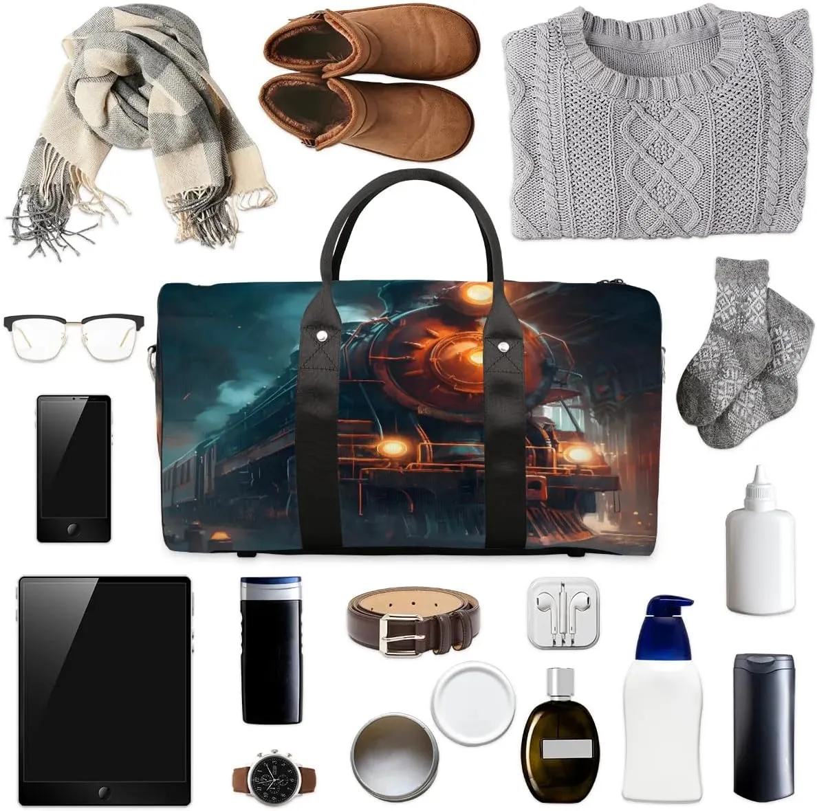 Vintage Steam Trains Travel Duffel Bag for Women Men Waterproof Foldable Overnight Weekender Bag Large Capacity Sports Gym Bag