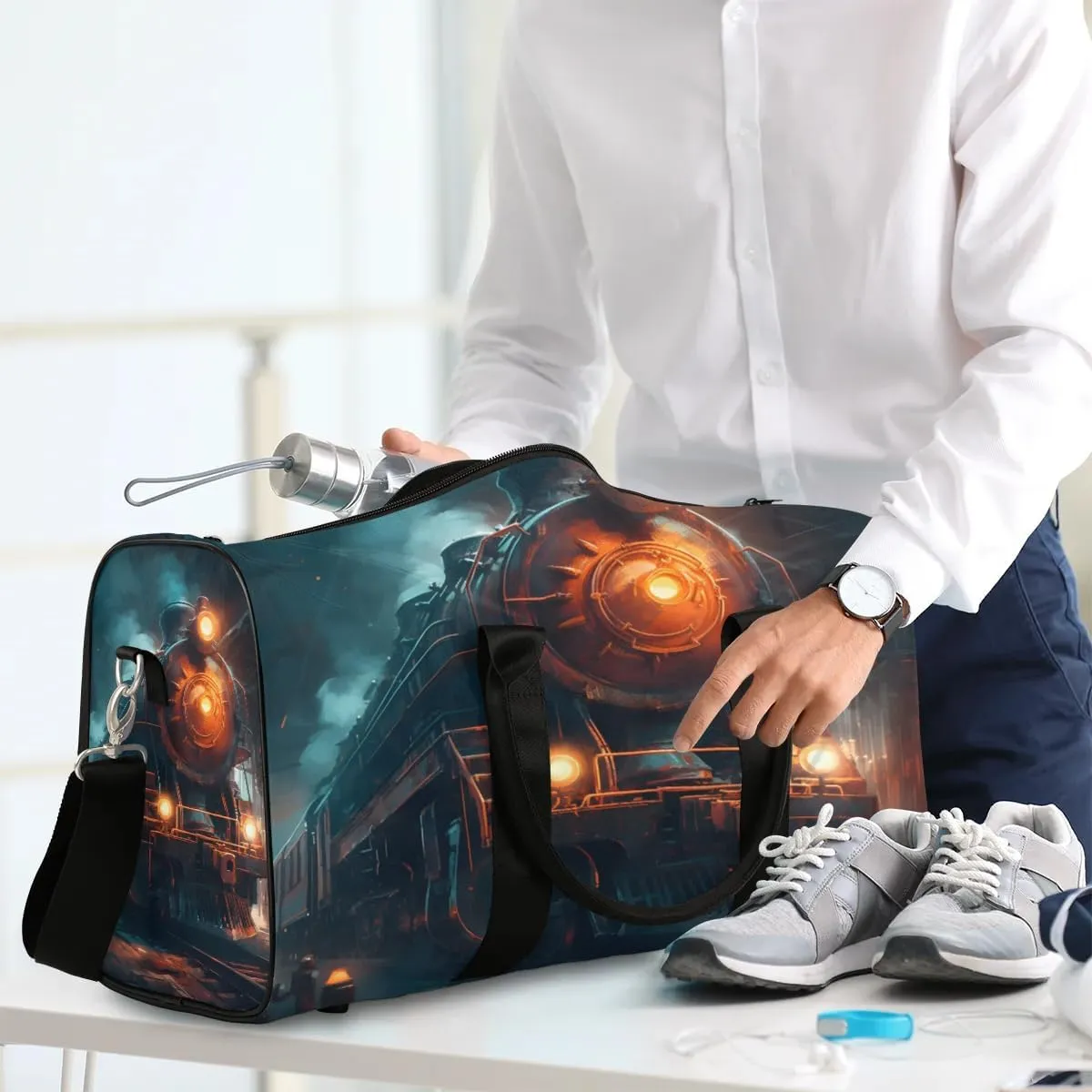 Vintage Steam Trains Travel Duffel Bag for Women Men Waterproof Foldable Overnight Weekender Bag Large Capacity Sports Gym Bag
