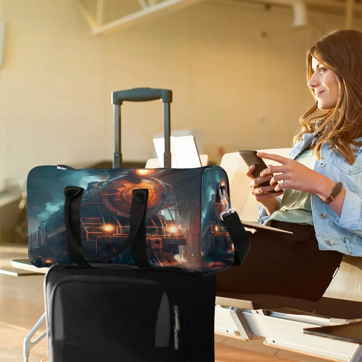 Vintage Steam Trains Travel Duffel Bag for Women Men Waterproof Foldable Overnight Weekender Bag Large Capacity Sports Gym Bag
