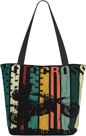 Vintage USA American Flag Motocross Dirt Bike Motorcycle Tote Bag Shopping Handbag Large Capacity Shoulder Bag