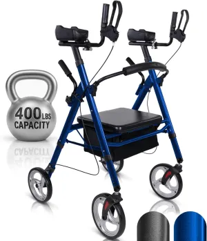 Vive Bariatric Upright Walker with Seat - Heavy Duty Senior Stand Up Rollator, Extra Wide Frame - Padded Armrest & Backrest -Mobility Aid Portable Rolling Walker with Bag - Fits Tall & Large People