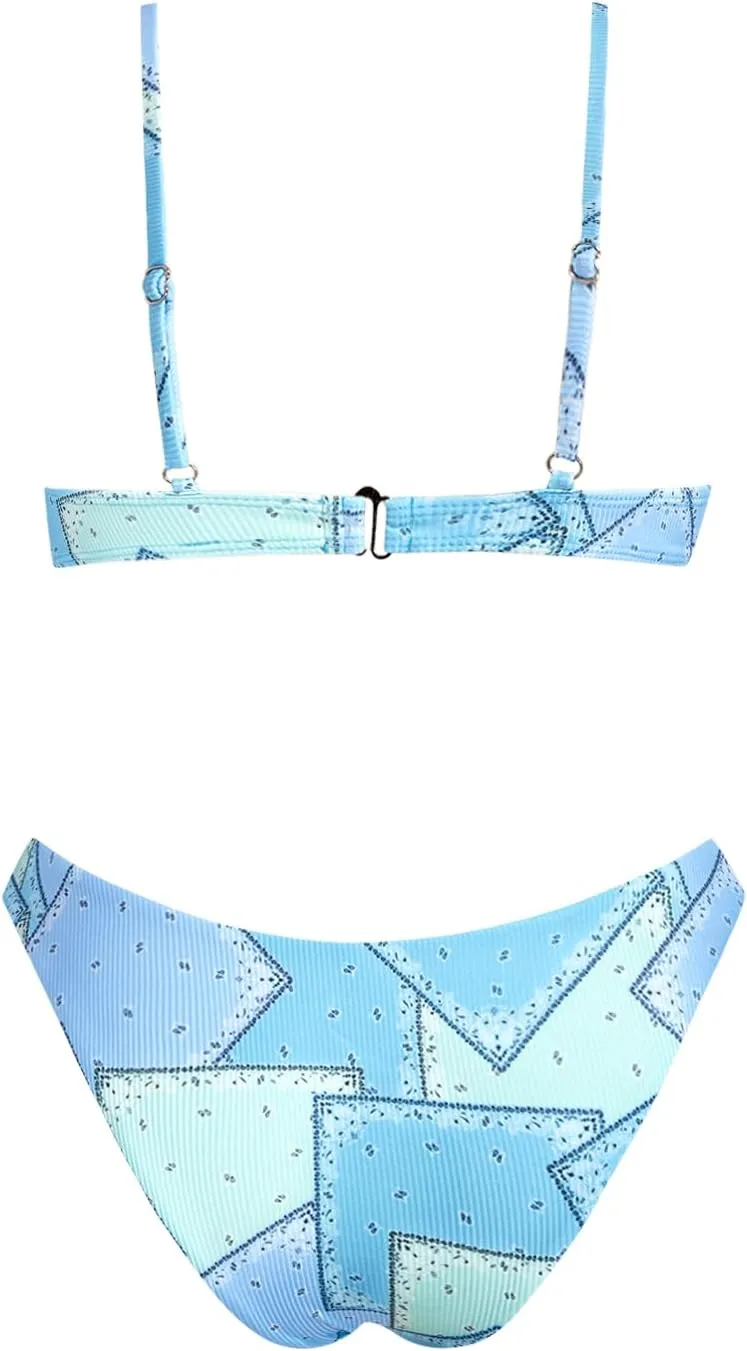 VOLAFA Women's Triangle Bikini Set Swimsuit Print Push Up Elastic Tie String Top Ribbed Two Piece Bathing Suit