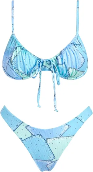 VOLAFA Women's Triangle Bikini Set Swimsuit Print Push Up Elastic Tie String Top Ribbed Two Piece Bathing Suit