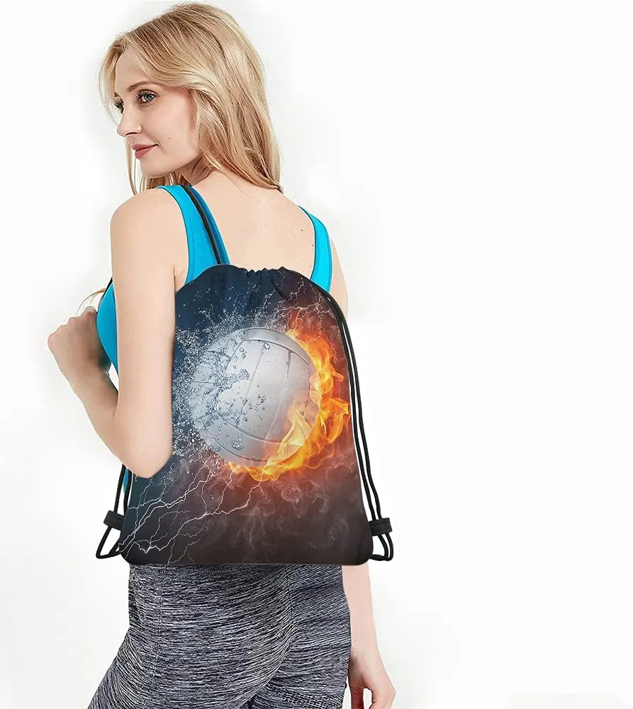 Volleyball Ball Drawstring Bags Backpack Bag Fire And Water Sport Activity Art Competition Design Team Fun Sport Gym Sack Drawstring Bag String Bag Yoga Bag for Men Women