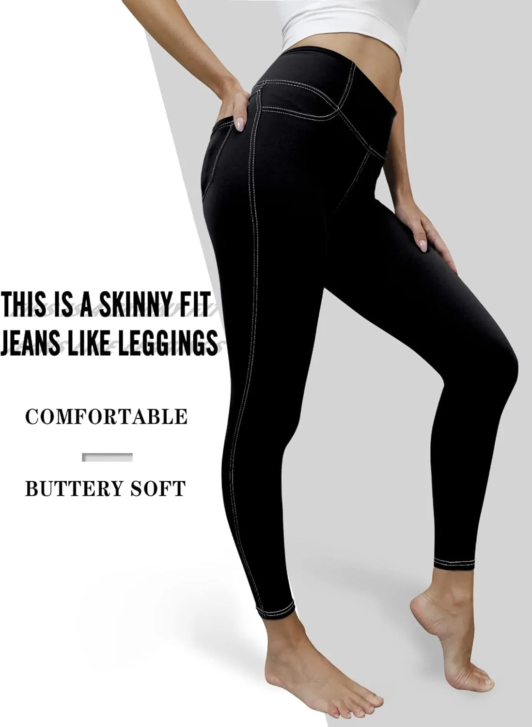 VOOVEEYA Jeggings for Women High Waist, Leggings with Pockets Tummy Control Plus Size Stretchy Jeans Leggings