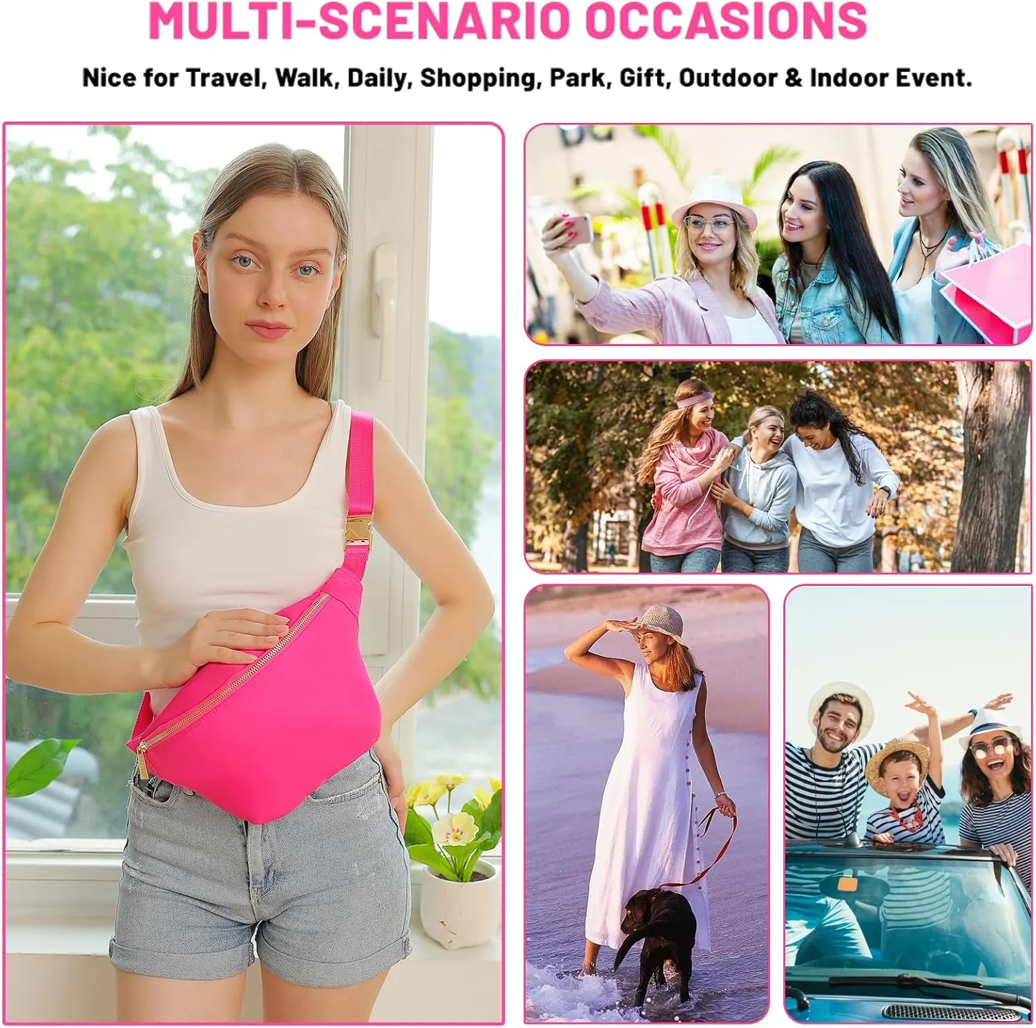 Waist Pack Bag Fanny Pack Women Belt Bag Travel Crossbody Bag Nylon (HotPink)