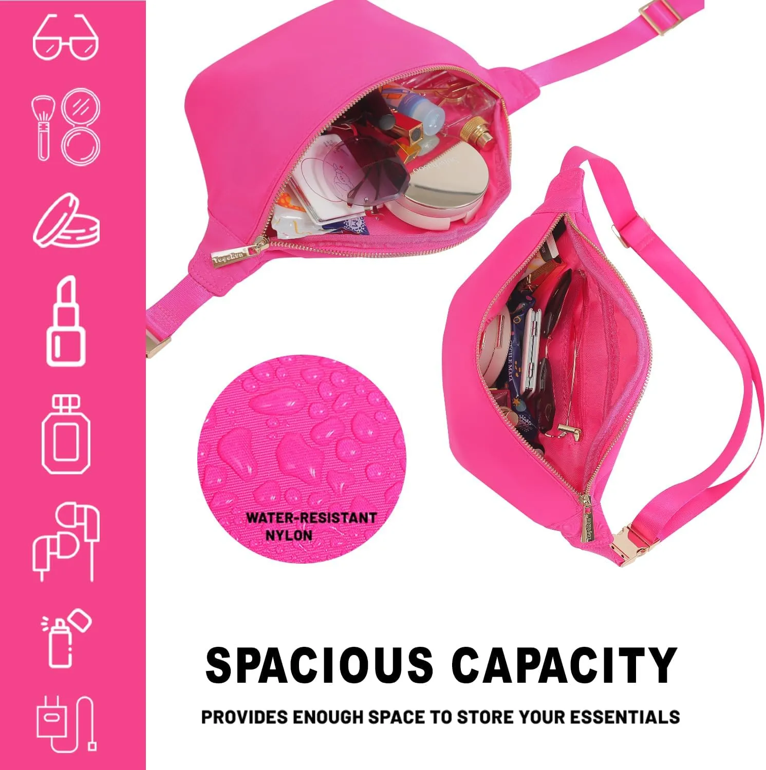 Waist Pack Bag Fanny Pack Women Belt Bag Travel Crossbody Bag Nylon (HotPink)