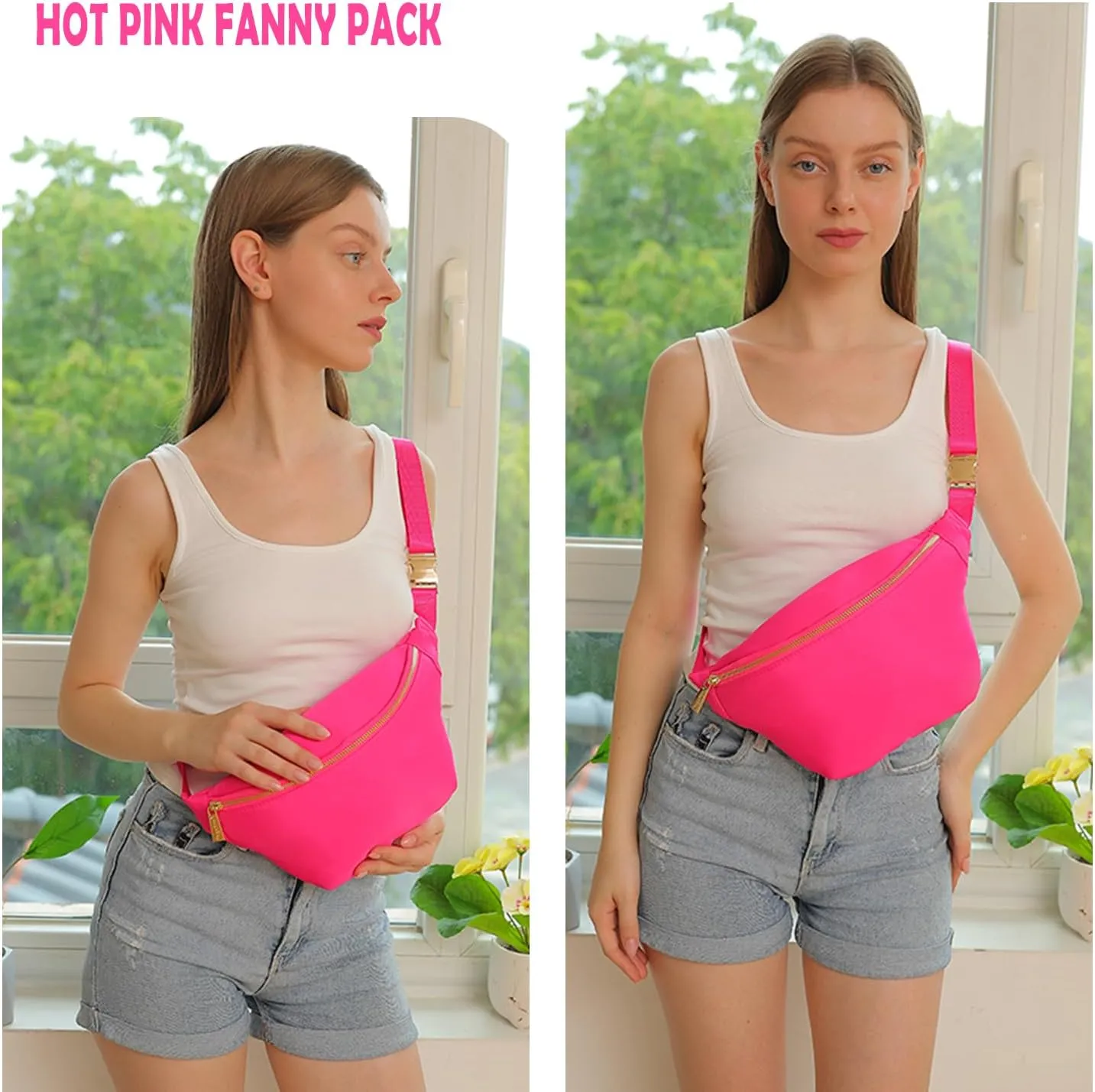Waist Pack Bag Fanny Pack Women Belt Bag Travel Crossbody Bag Nylon (HotPink)