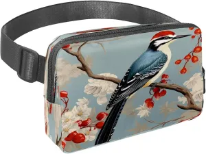 Waist Pack for Women Men, Outdoor Waist Bag Fanny Pack, Slim Running Belt Bum Bag for Walking Jogging Hiking Traveling Workout - Woodpecker Bird on Red Berries Branch