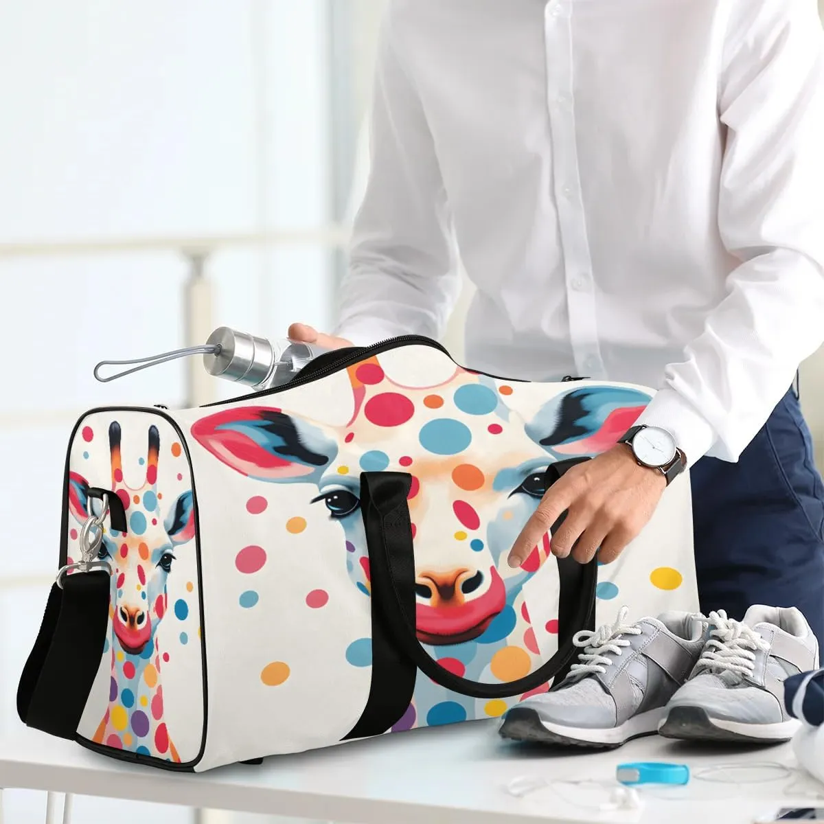 Watercolor Giraffe Travel Duffel Bag for Women Men Waterproof Foldable Overnight Weekender Bag Large Capacity Sports Gym Bag