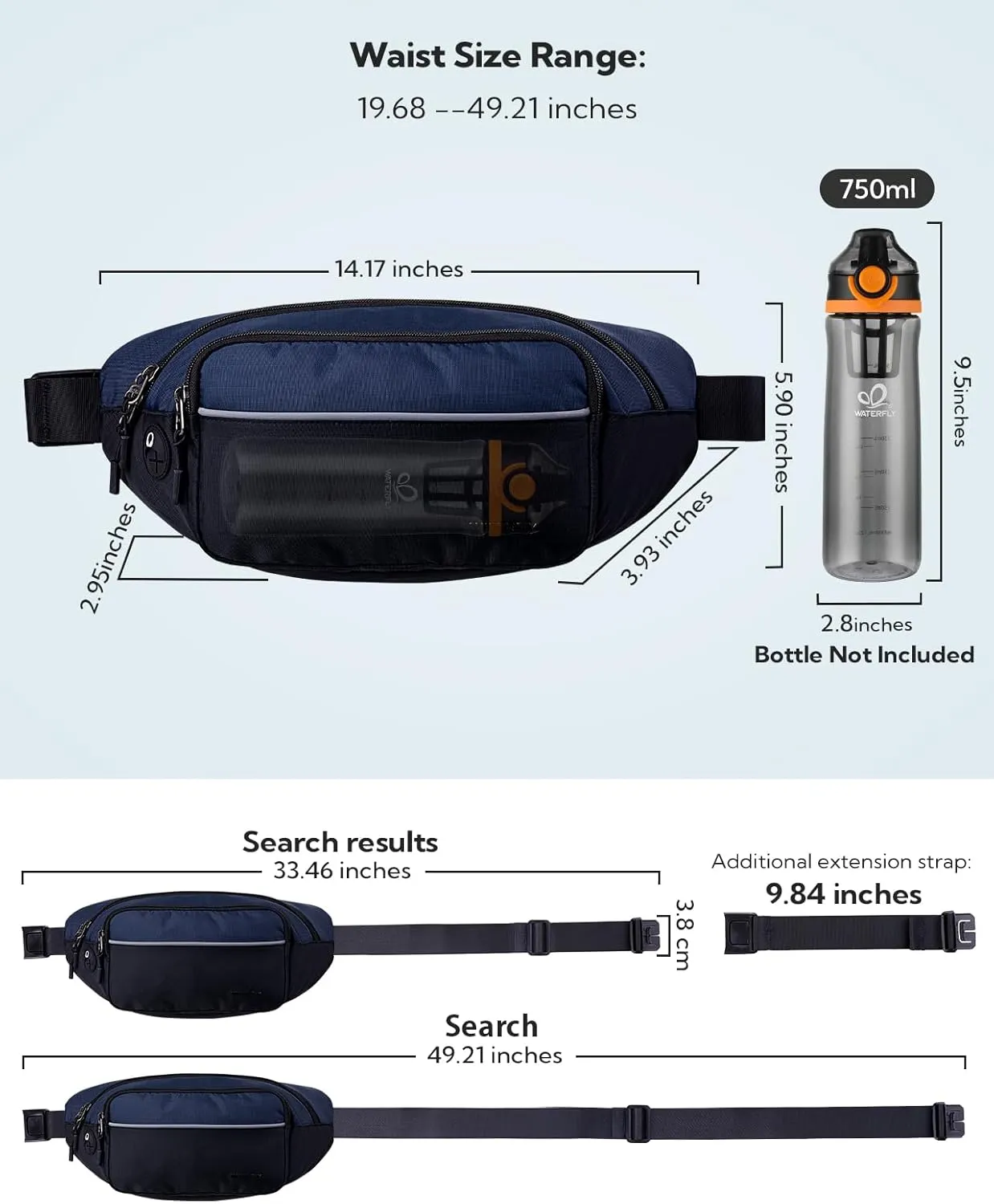 WATERFLY Fanny Pack Waist Bag: Large Waist Packs for Women Men Fashion Crossbody Belt Bags for Hiking Running Travel Walking-Black & Dark Blue