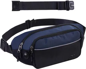 WATERFLY Fanny Pack Waist Bag: Large Waist Packs for Women Men Fashion Crossbody Belt Bags for Hiking Running Travel Walking-Black & Dark Blue