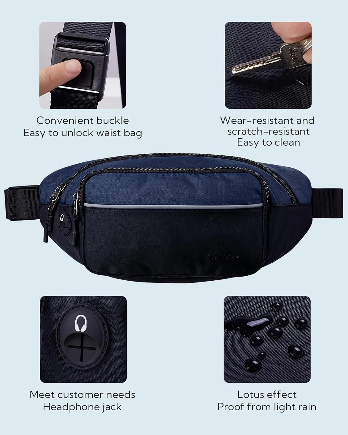 WATERFLY Fanny Pack Waist Bag: Large Waist Packs for Women Men Fashion Crossbody Belt Bags for Hiking Running Travel Walking-Black & Dark Blue