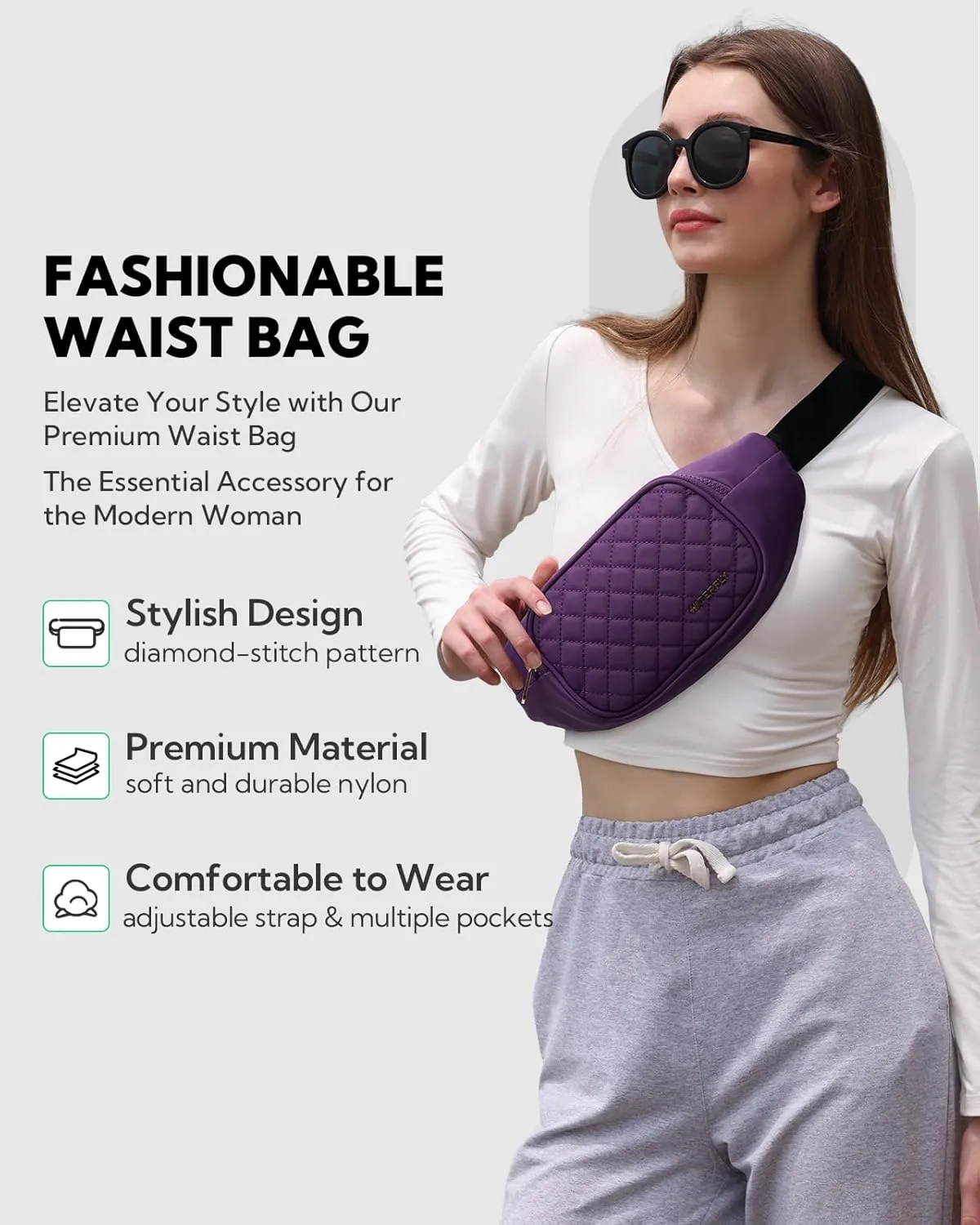 WATERFLY Fashion Women Fanny Pack: Casual Men Waist Bag Belt Bag with 3 Zipper Pockets Adjustable Strap Crossbody Bum Bag Waist Pouch Fit All Phones for Travel Shopping Walking Running Purple