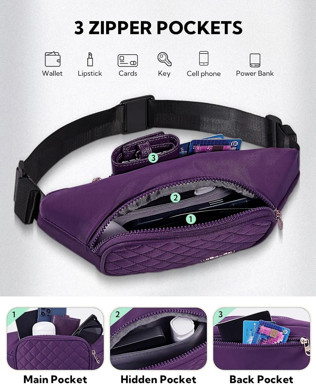 WATERFLY Fashion Women Fanny Pack: Casual Men Waist Bag Belt Bag with 3 Zipper Pockets Adjustable Strap Crossbody Bum Bag Waist Pouch Fit All Phones for Travel Shopping Walking Running Purple