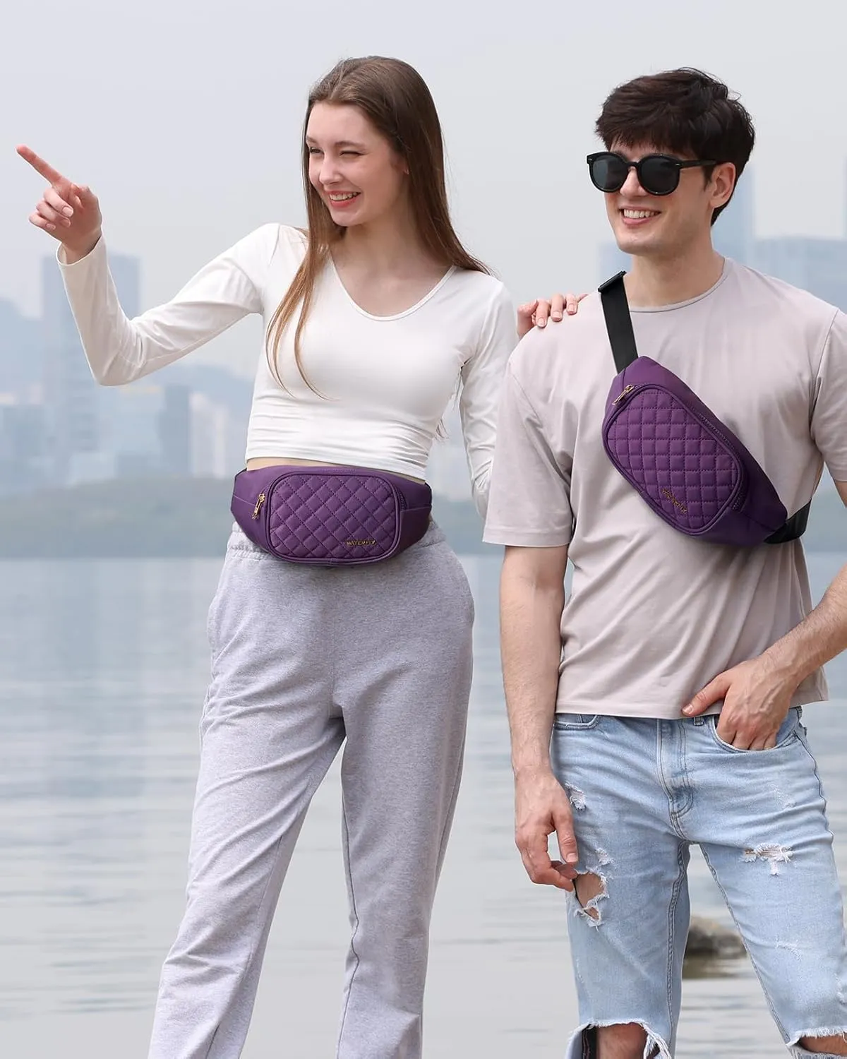 WATERFLY Fashion Women Fanny Pack: Casual Men Waist Bag Belt Bag with 3 Zipper Pockets Adjustable Strap Crossbody Bum Bag Waist Pouch Fit All Phones for Travel Shopping Walking Running Purple