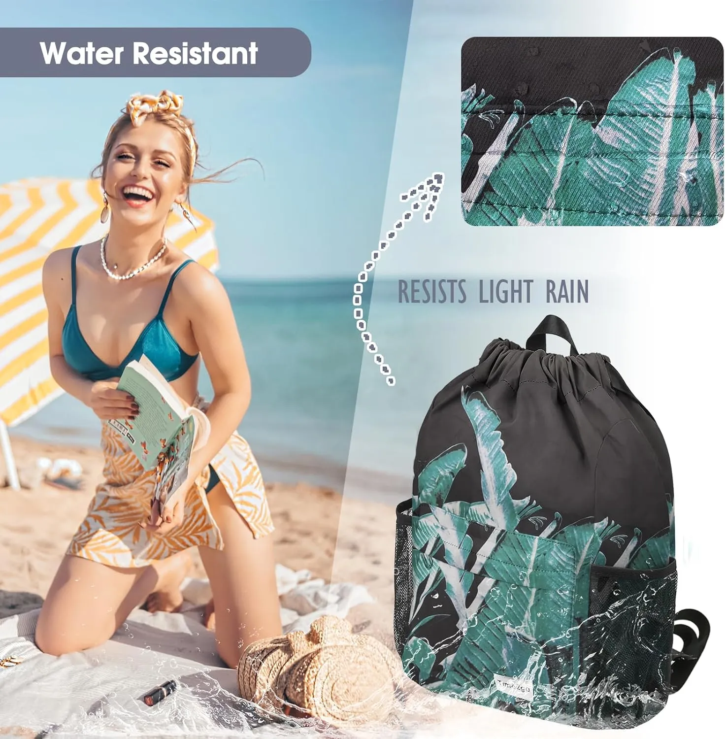 Waterproof Drawstring Backpack Sports Gym Sackpack with Mesh Pocket String Cinch Beach Bag for Men Women