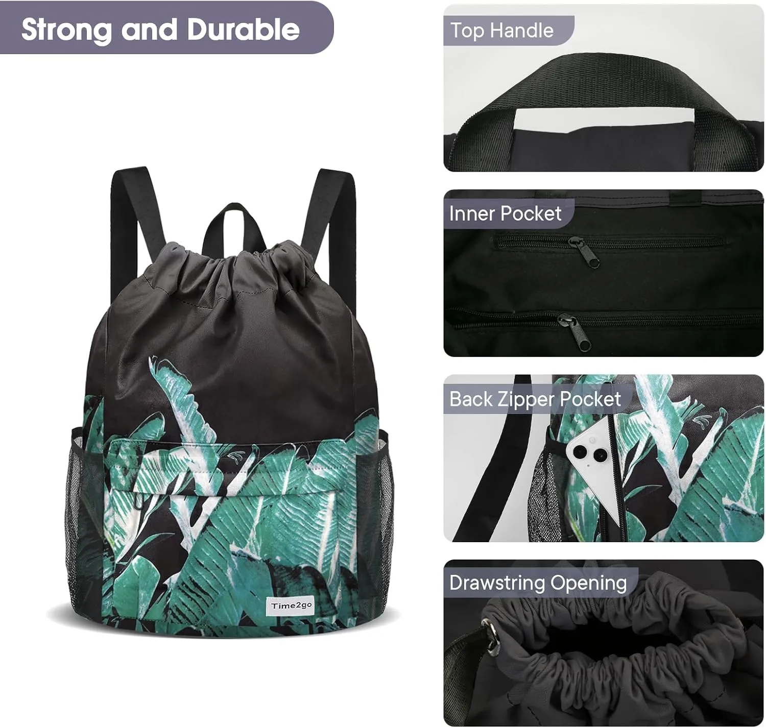 Waterproof Drawstring Backpack Sports Gym Sackpack with Mesh Pocket String Cinch Beach Bag for Men Women