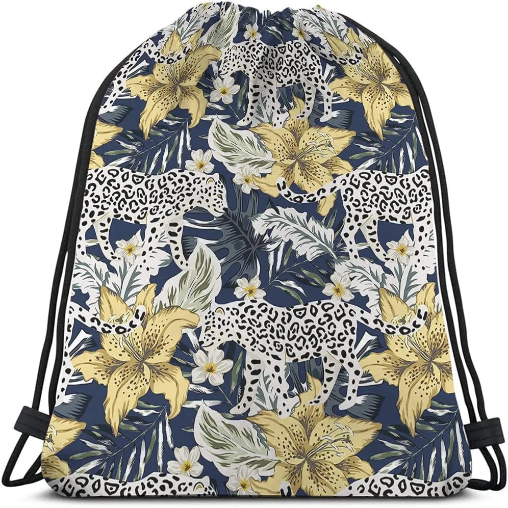 White Leopard Drawstring Backpack 14x16.9 Inch Waterproof Polyester Gym Sports Travel Work School Unisex Adult
