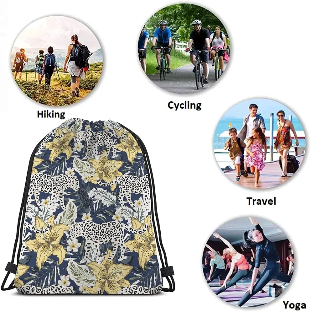White Leopard Drawstring Backpack 14x16.9 Inch Waterproof Polyester Gym Sports Travel Work School Unisex Adult