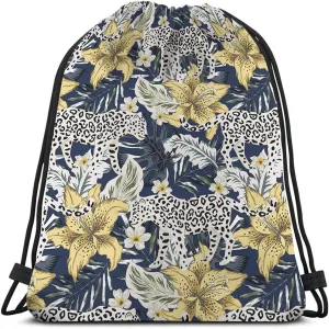 White Leopard Drawstring Backpack 14x16.9 Inch Waterproof Polyester Gym Sports Travel Work School Unisex Adult