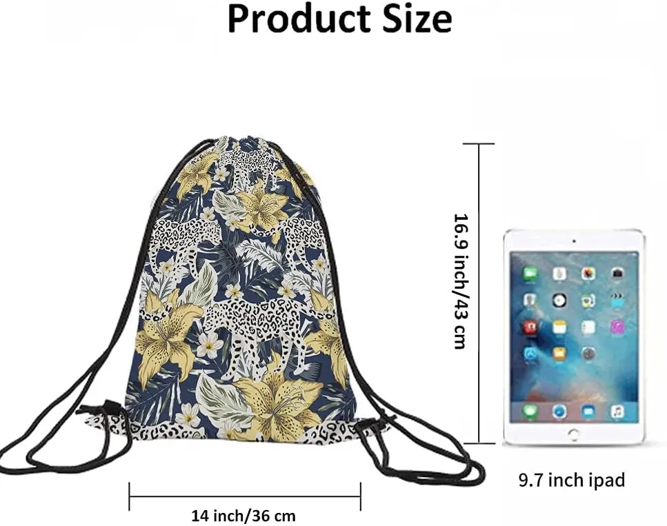 White Leopard Drawstring Backpack 14x16.9 Inch Waterproof Polyester Gym Sports Travel Work School Unisex Adult